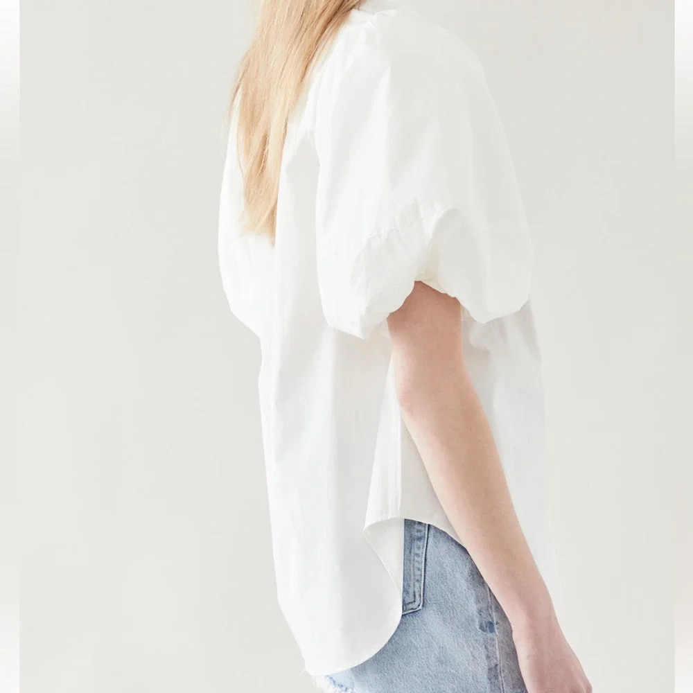 NWOT. Aje shirt with puff sleeves, collared neck, gold tone button. Never worn. - Picture 3 of 8